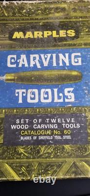 VINTAGE MARPLES No. 60 WOOD CARVING TOOLS CHISELS SET OF 12 IN ORIGINAL BOX