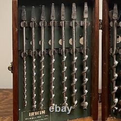 VINTAGE SET IRWIN DRILL BRACE BITS TOOL WOOD AUGER WithBOX CARPENTER'S WOODWORKING