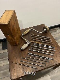 Vintage Antique Stanley Brace 945 Auger Drill Bit Set Wood Box Woodworking Tools