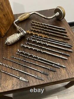 Vintage Antique Stanley Brace 945 Auger Drill Bit Set Wood Box Woodworking Tools