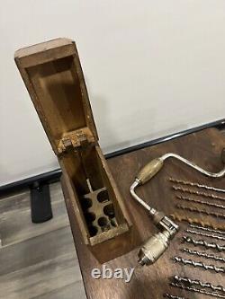 Vintage Antique Stanley Brace 945 Auger Drill Bit Set Wood Box Woodworking Tools