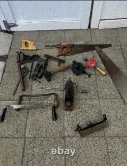 Vintage Antique Woodworking Tool Lot- Disston, Palmgren, Sargent, plane, drill, saw