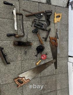 Vintage Antique Woodworking Tool Lot- Disston, Palmgren, Sargent, plane, drill, saw