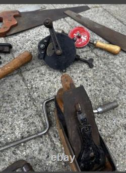 Vintage Antique Woodworking Tool Lot- Disston, Palmgren, Sargent, plane, drill, saw