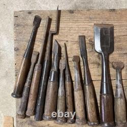 Vintage Japanese Chisel Lot 19pcs Nomi Carpentry Tool Junk Showa Era DIY Set
