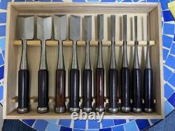 Vintage Japanese Shinogi Chisels Set 10pcs Woodworking Tools In Wooden Box #2112