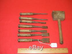 Vintage Japanese Woodworking Chisels Set of 7 with Wood Mallet