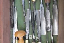 Vintage Job Lot of 42 Woodworking and Carving Tools in Wooden Box USED