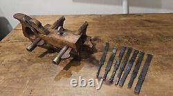 Vintage Marples Hibernia Wooden Plough Plane with Handle. 8 Cutters Included