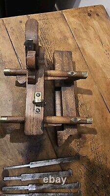 Vintage Marples Hibernia Wooden Plough Plane with Handle. 8 Cutters Included