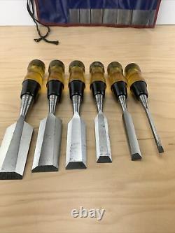 Vintage Set Of 6 Stanley No. 60 Woodworking Chisels With Tool Pouch