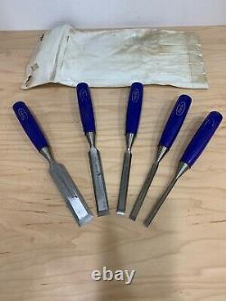 Vintage Set of Five Marples Blue Handle Woodworking Paring Chisel Pouch Set UK