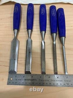 Vintage Set of Five Marples Blue Handle Woodworking Paring Chisel Pouch Set UK