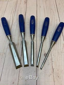 Vintage Set of Five Marples Blue Handle Woodworking Paring Chisel Set England