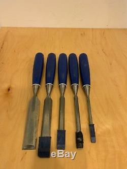 Vintage Set of Five Marples Blue Handle Woodworking Paring Chisel Set England