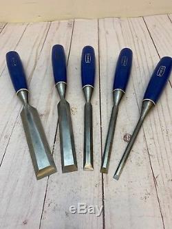 Vintage Set of Five Marples Blue Handle Woodworking Paring Chisel Set England