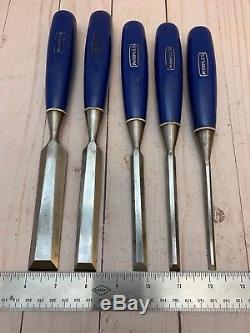 Vintage Set of Five Marples Blue Handle Woodworking Paring Chisel Set England