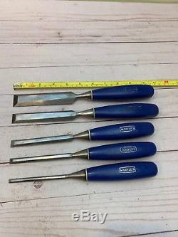 Vintage Set of Five Marples Blue Handle Woodworking Paring Chisel Set England