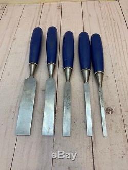 Vintage Set of Five Marples Blue Handle Woodworking Paring Chisel Set England