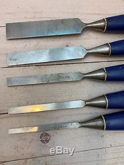 Vintage Set of Five Marples Blue Handle Woodworking Paring Chisel Set England