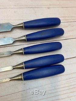 Vintage Set of Five Marples Blue Handle Woodworking Paring Chisel Set England