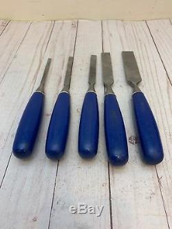 Vintage Set of Five Marples Blue Handle Woodworking Paring Chisel Set England