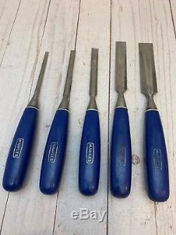 Vintage Set of Five Marples Blue Handle Woodworking Paring Chisel Set England