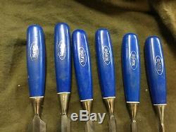 Vintage Set of Six Marples Blue Handle Woodworking Paring Chisel Set England
