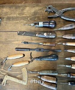 Vintage Wood Handled Awls & Hand Tools for Woodworking and Leather work Lot