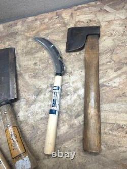 Vintage Woodworking Agricultural Tool Outdoor Hand Saw Hatchet Axe Sickle Set #1