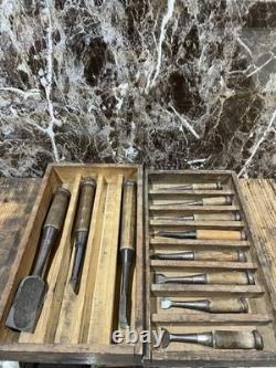 Vintage Woodworking Chisels Set in Wooden Box DIY Tools Used Condition