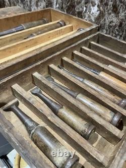 Vintage Woodworking Chisels Set in Wooden Box DIY Tools Used Condition