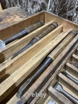 Vintage Woodworking Chisels Set in Wooden Box DIY Tools Used Condition
