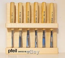 Woodworking Carving Set of 6 PFEIL Swiss tools, storage rack, Gently Used